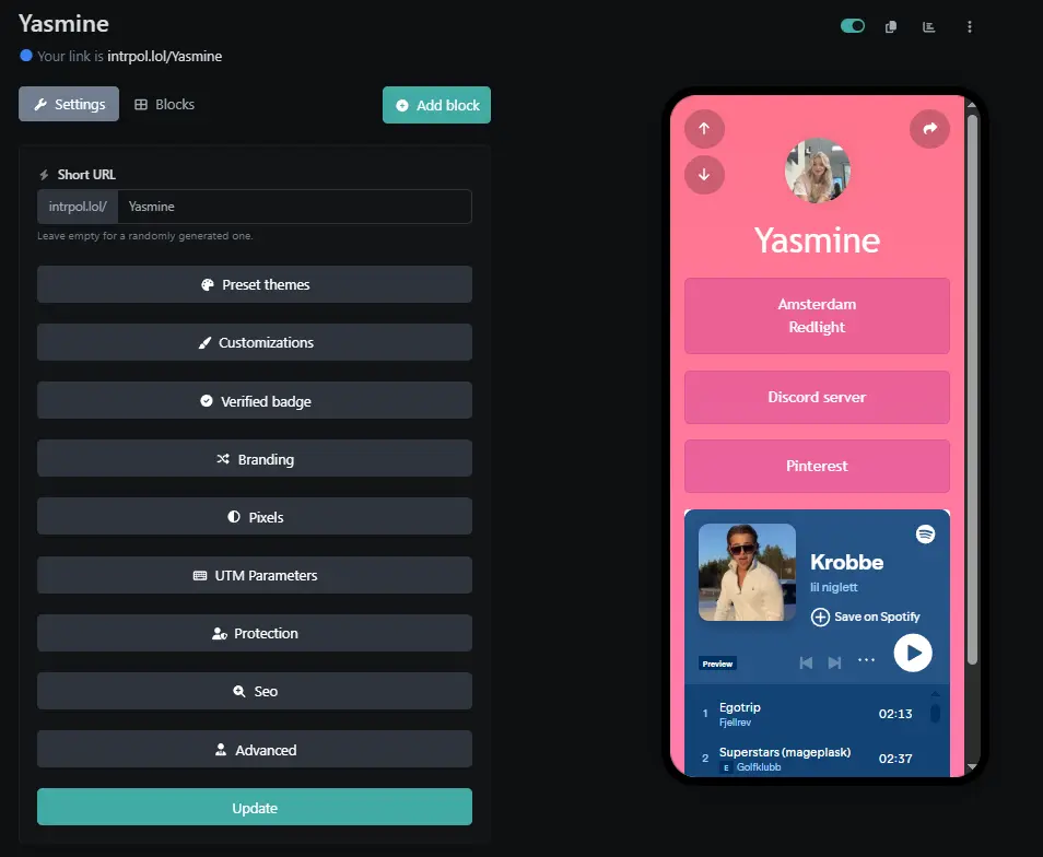 Screenshot of the app biolink editing page